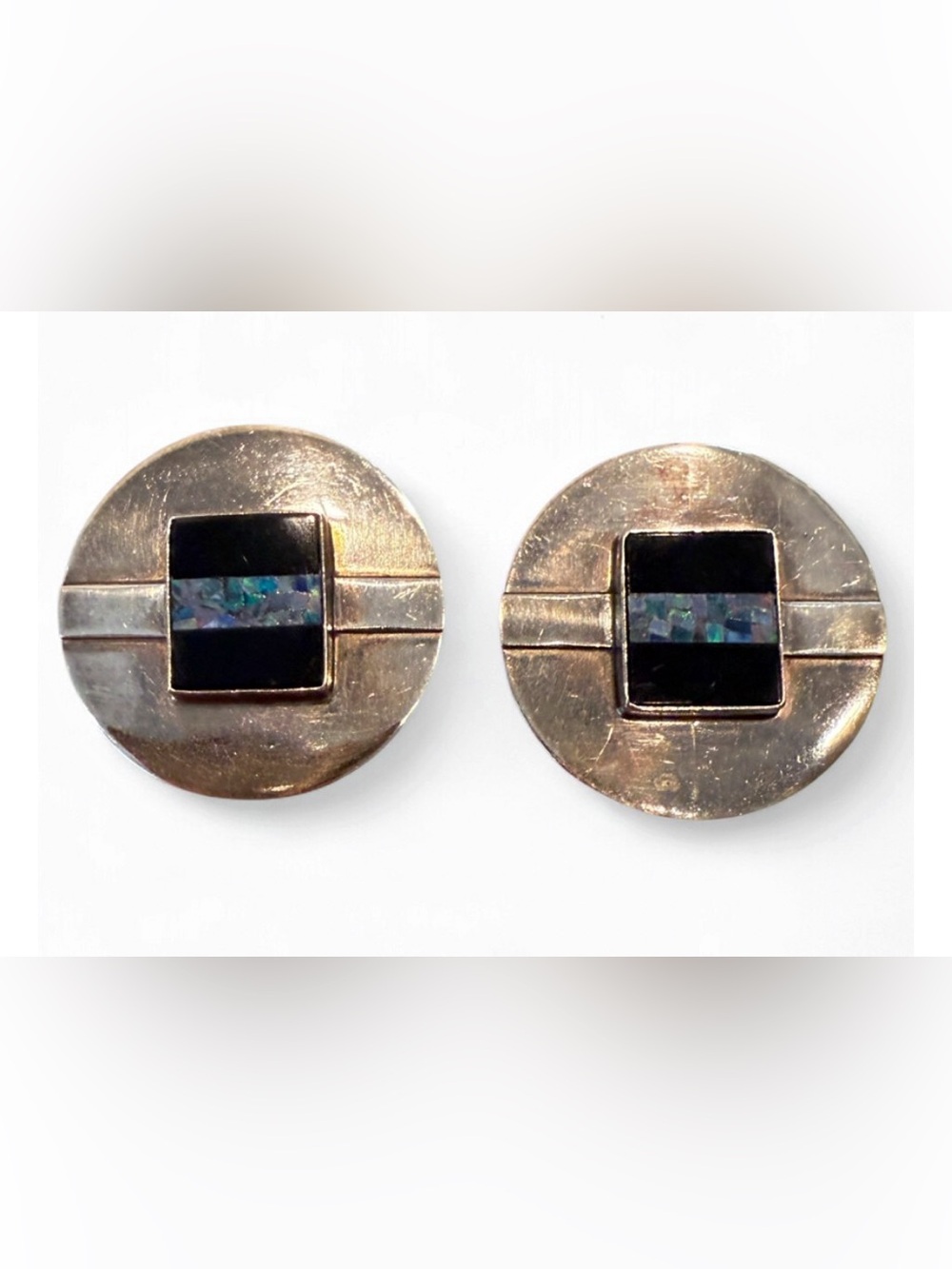 Vintage Inlay Opal Onyx Sterling Silver Earrings Great Falls Metal Works GFMW